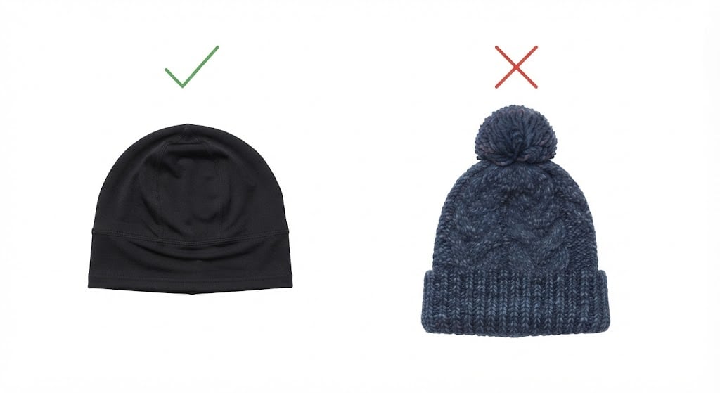 Lo que sí y lo que no debajo del casco: un gorro fino tipo liner frente a un gorro grueso de lana con pompón
