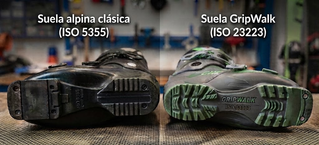 Suela alpina clásica (ISO 5355) y suela GripWalk (ISO 23223) comparadas: la GripWalk es curvada y con goma, mucho más cómoda para caminar