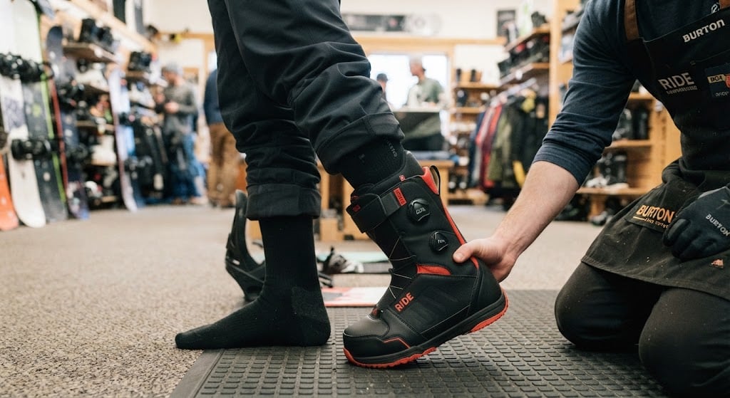 Probarse las botas en tienda, con el calcetín que se va a usar de verdad y una sola capa: el paso previo a comprobar el talón flexionando