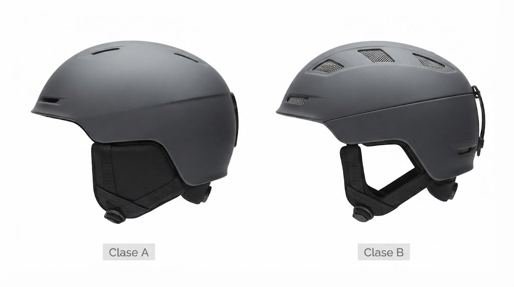 Casco de clase A y de clase B comparados: el A cubre por completo las orejas, el B es más abierto y ventilado