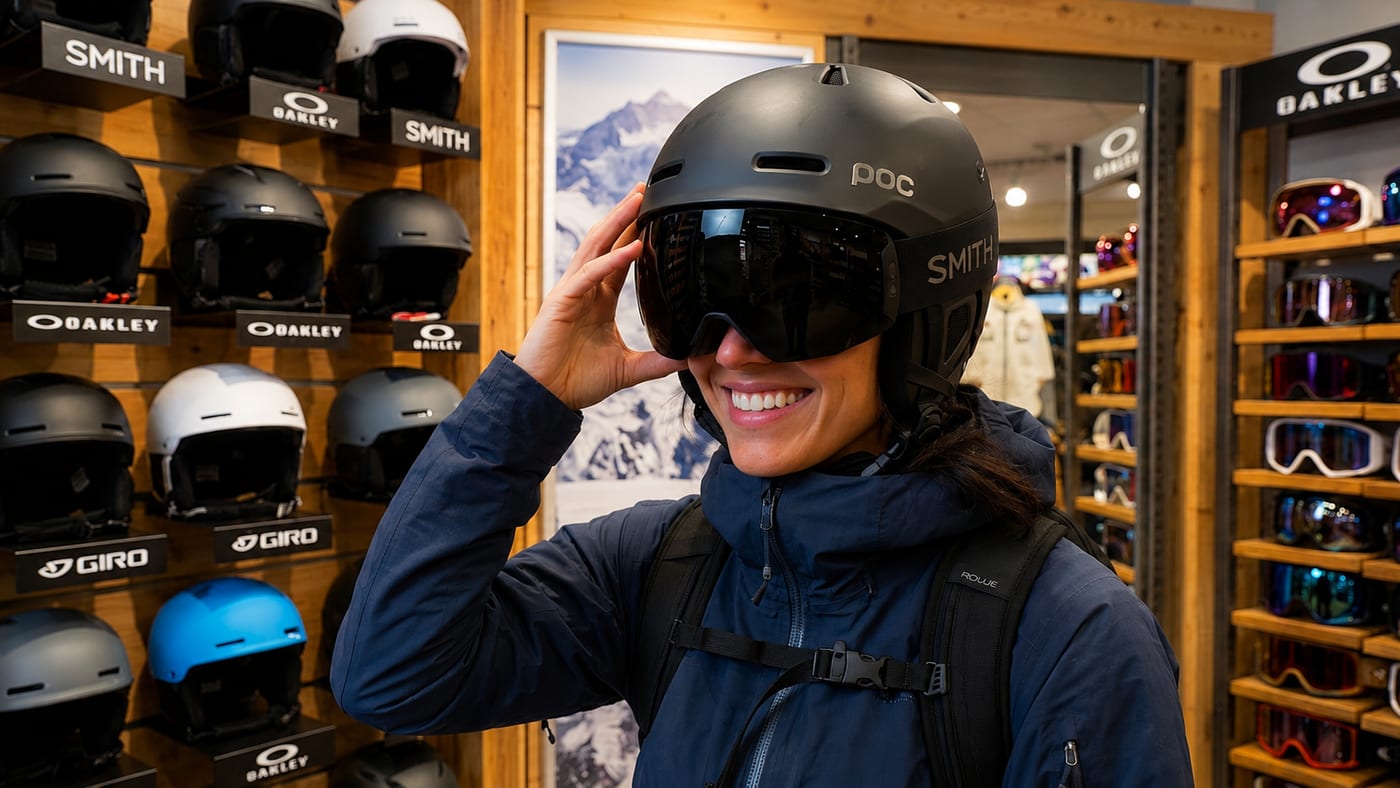 Casco y máscara de esquí ajustados correctamente, sin huecos entre ambos