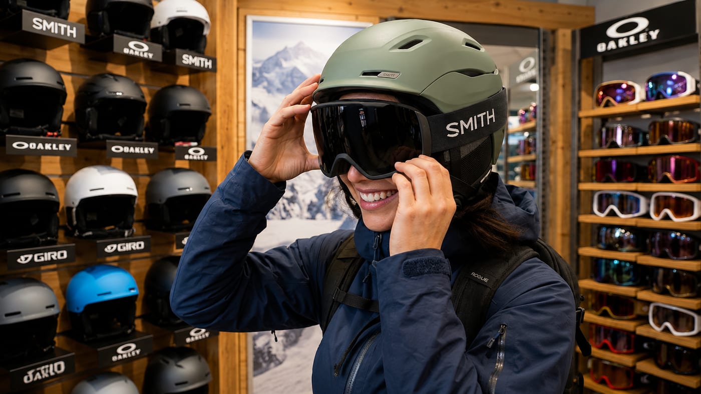 Ejemplo de casco y máscara de esquí mal ajustados, con hueco visible entre ambos