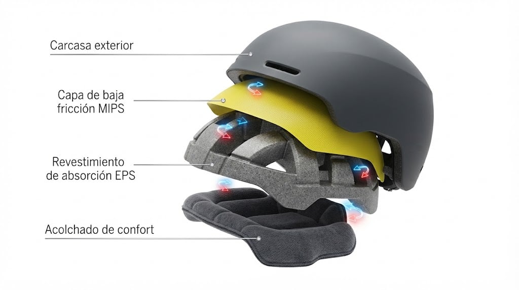 Despiece de un casco con MIPS: entre la carcasa y el revestimiento de EPS va una capa amarilla de baja fricción que puede girar unos milímetros, y es la que absorbe la rotación en un golpe angular