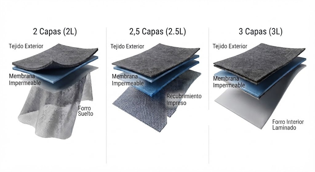 Construcción de una chaqueta impermeable en 2, 2,5 y 3 capas: tejido exterior, membrana y, según el caso, forro suelto, recubrimiento impreso o forro laminado