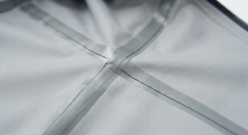 Interior de una chaqueta con la cinta termoadhesiva sellando el cruce de dos costuras