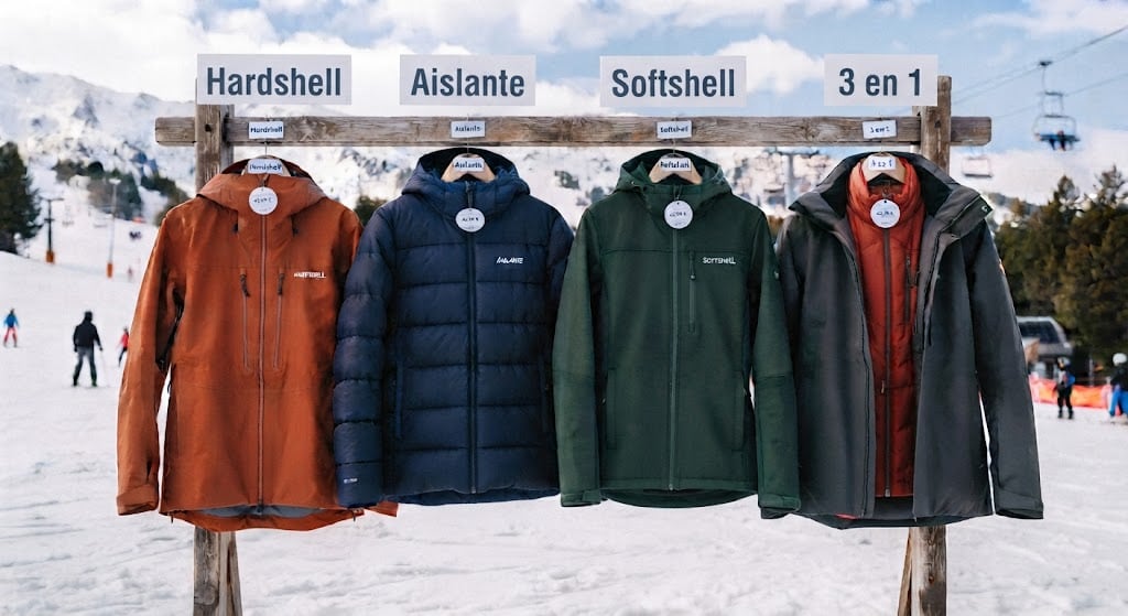 Los cuatro tipos de chaqueta uno al lado del otro: hardshell, aislante, softshell y tres en uno