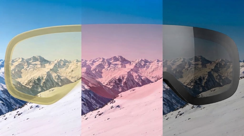 El mismo paisaje visto a través de tres lentes: la clara amarillenta levanta el contraste en día plano, la rosa equilibra la luz cambiante y la espejada oscura descansa la vista con sol fuerte