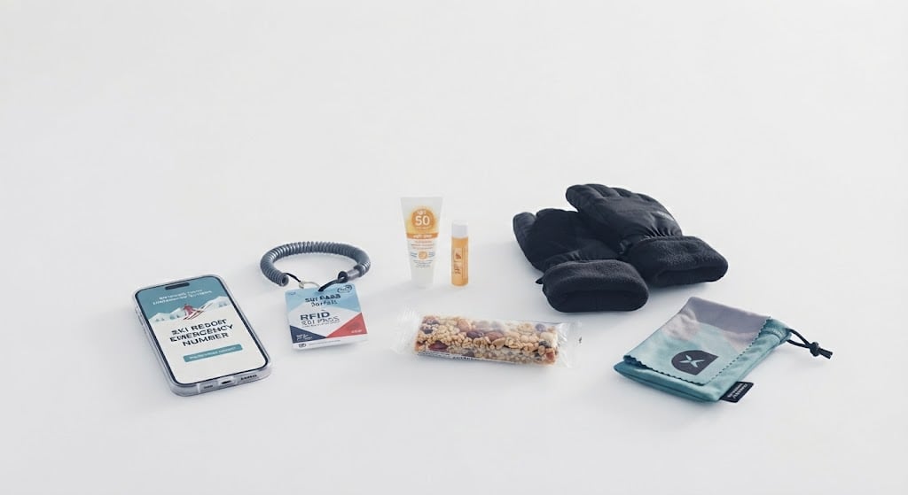 Todo lo que hace falta para un día en pista: móvil, forfait, crema y bálsamo, algo de comer, guantes de repuesto y la gamuza de la máscara