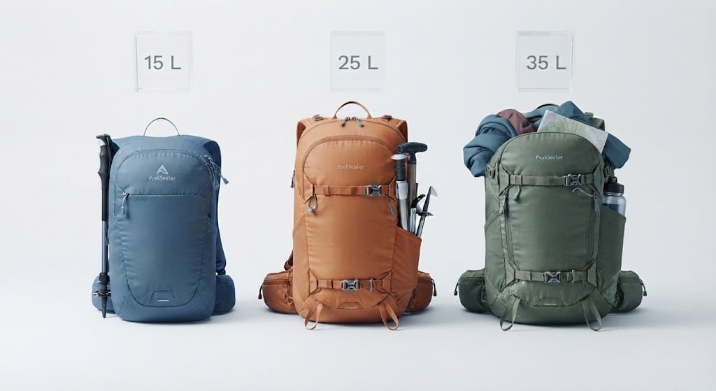 Tres mochilas de 15, 25 y 35 litros una al lado de otra: a más capacidad, más volumen y más cosas colgando por fuera