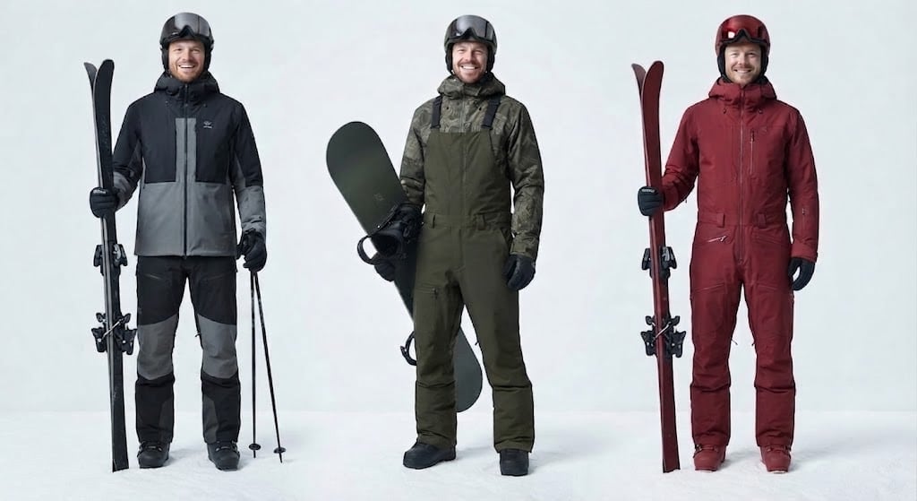 Los tres formatos uno al lado del otro: pantalón con chaqueta, peto con tirantes y mono de una pieza