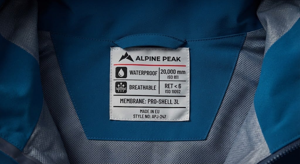 Etiqueta interior de una chaqueta con la columna de agua en milímetros según ISO 811 y la transpirabilidad expresada en RET según ISO 11092