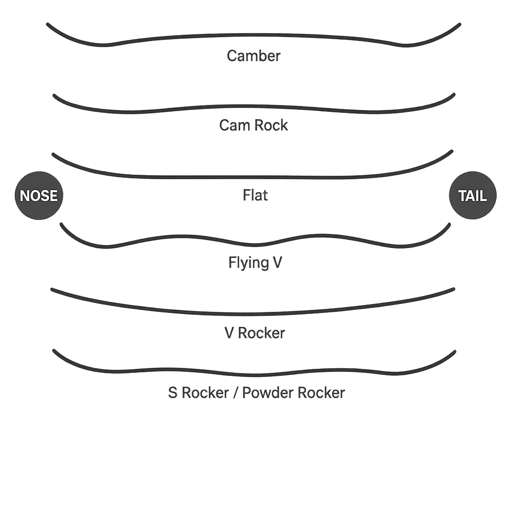 Los perfiles vistos de lado: camber y flat son los dos puros; V Rocker es rocker completo, y Cam Rock, Flying V y S Rocker son híbridos que combinan camber y rocker en distintas zonas