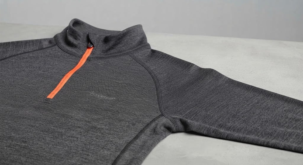 Detalle del cuello con cremallera corta y de la manga raglán, sin costura sobre el hombro